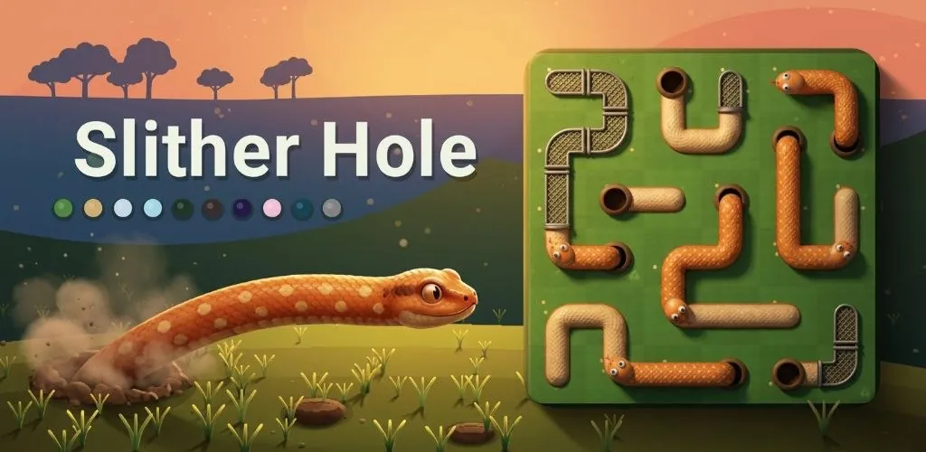 Slither Hole cover art: a snake leaving its burrow next to a puzzle board